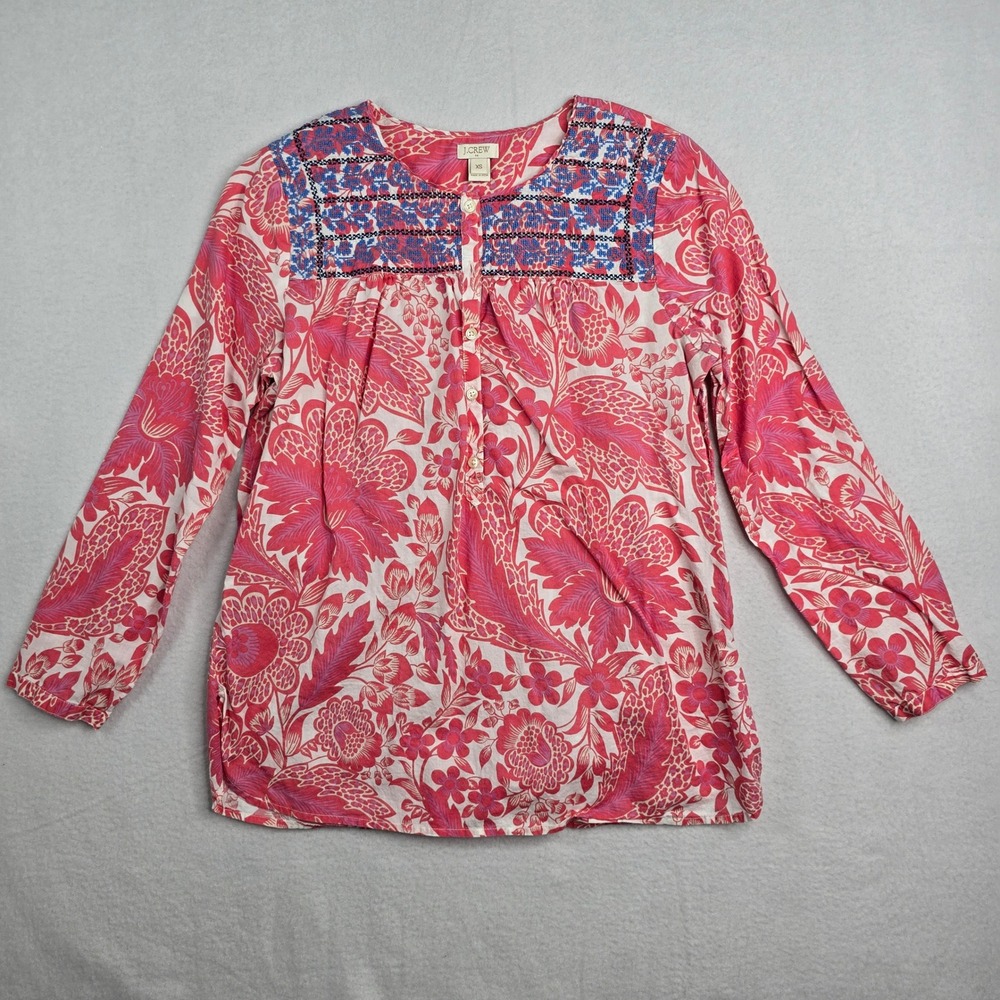 J. Crew Pink Floral Embroidered Placket Top Women's XS Long Sleeve Button Neck
